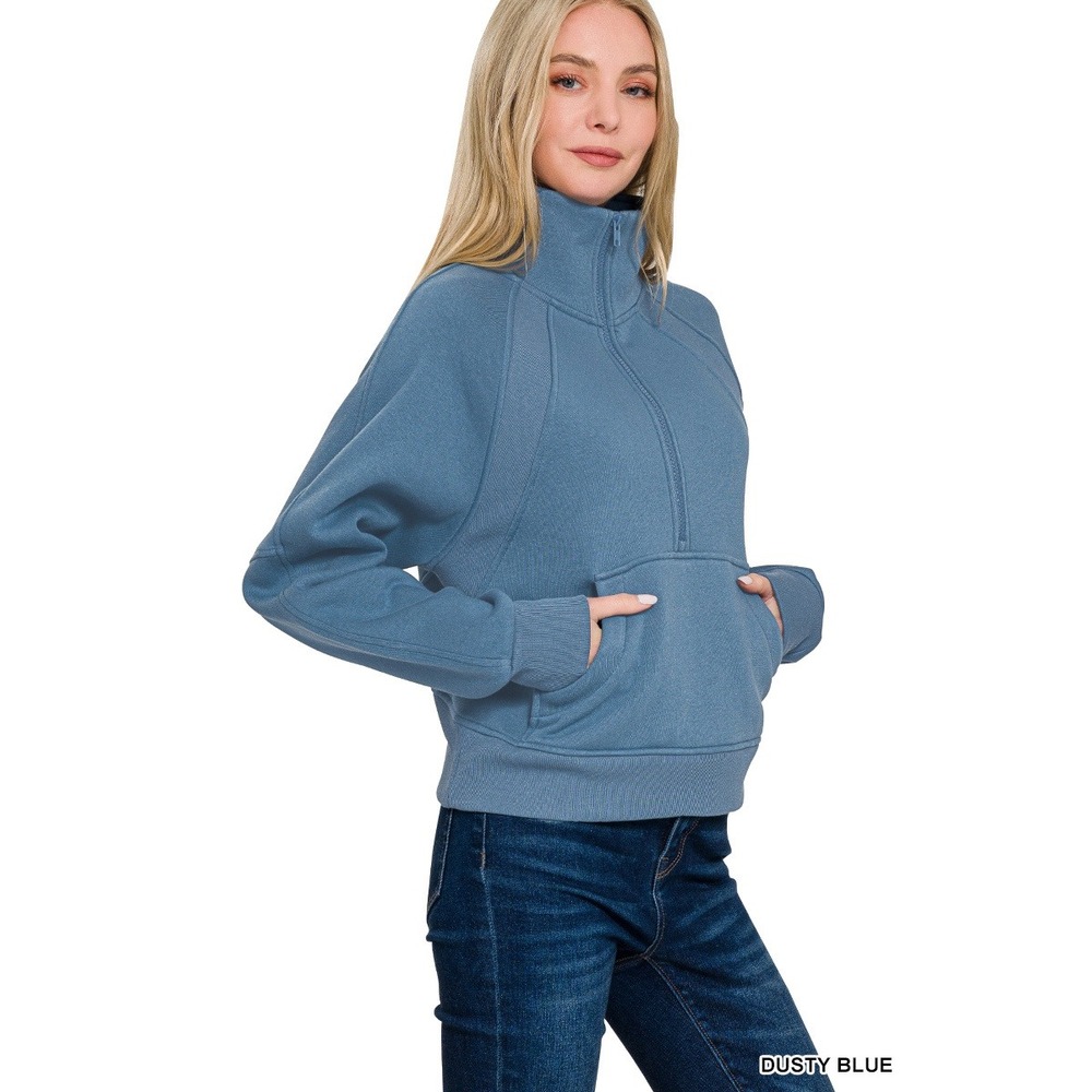 Zenana Pullover Sweatshirt Womens Large Dusty Blue NWOT Quarter Zip Athleisure